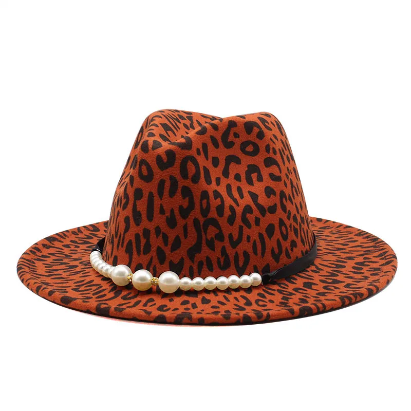 

Модная ретро-шляпа джазовый топ с леопардовым принтом и жемчугом Зимняя шляпа из искусственной шерсти Женская универсальная шляпа Федора шляпа с широкими полями