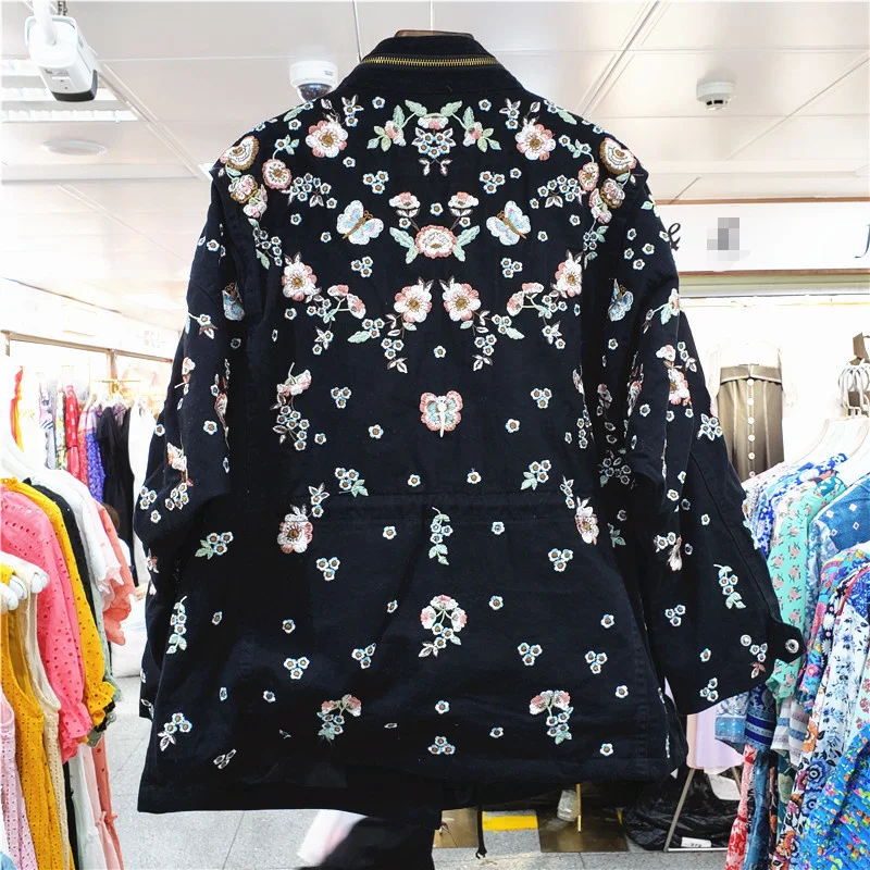 Модное бейсбольное пальто с вышивкой цветов и бисером женское черное армейское