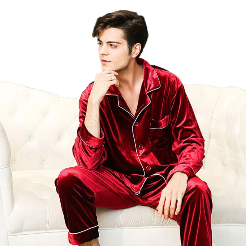 Silk Satin Men Pajamas Sets Soft Solid Sleepwear Long Sleeve Pants Homewear Comfortable Nightgown Sets Pyjamas 2 Pieces