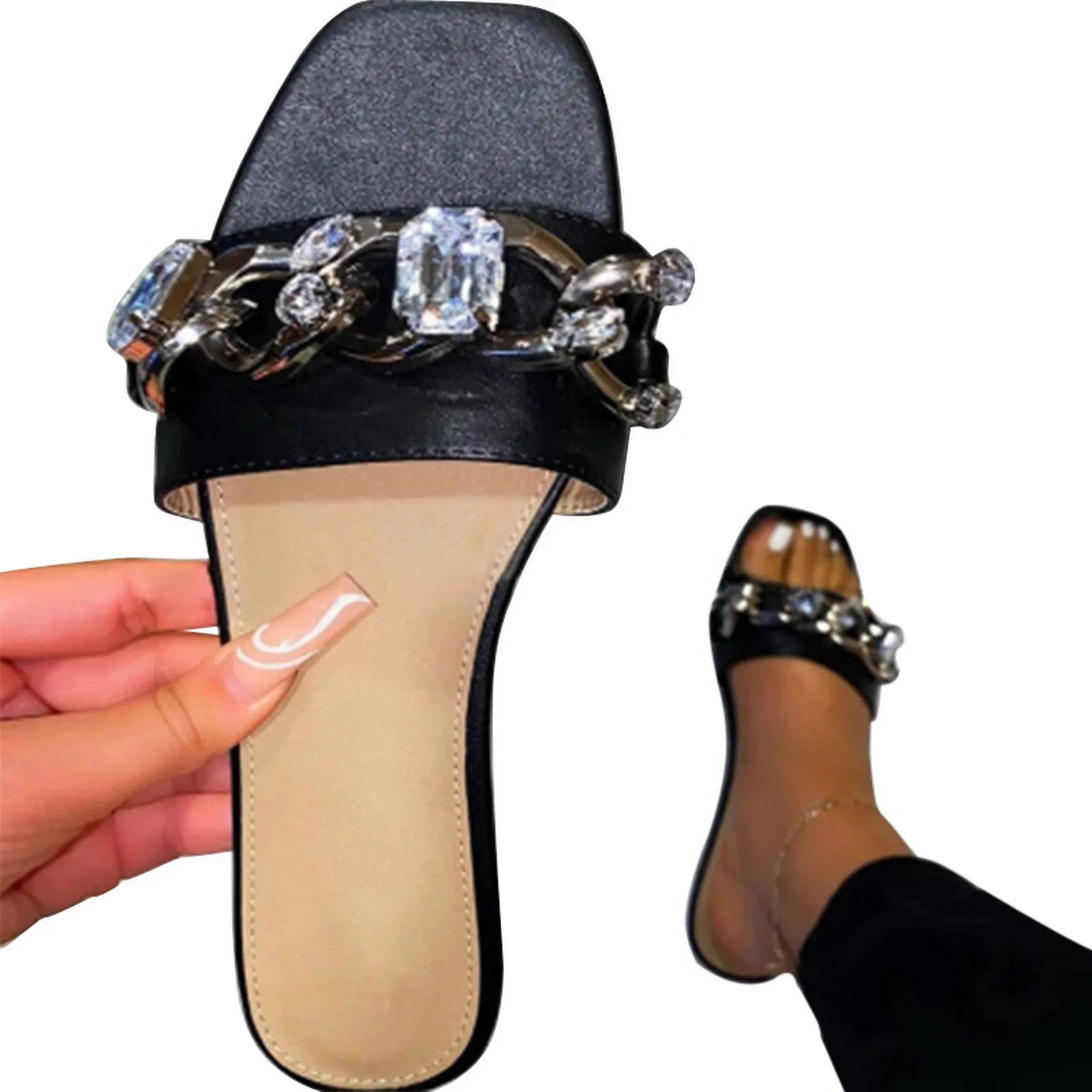 

Brand New Chain Dicoration Slides Flat With 2021 New Arrivals Hot Sale Women Shoes Big Size 43 Fashion Summer Slippers Sandal