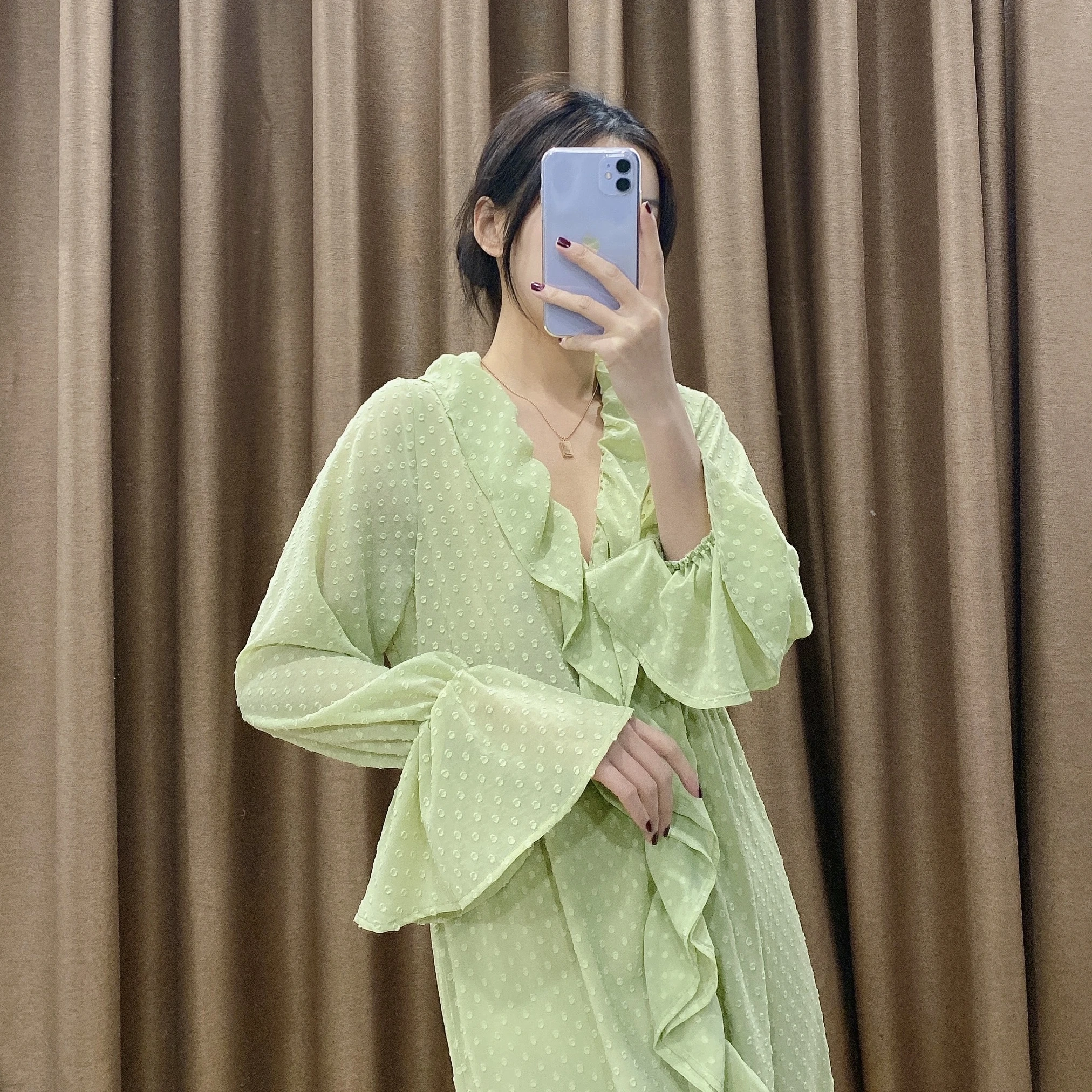 

Women Chiffon Ruffled Long Dress Women Girl Long A-Line Mandarin Sleeve New Elegant Vintage V-Neck Dresses