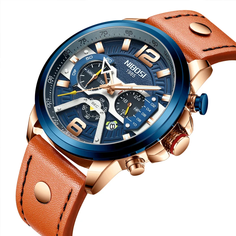 Мужские часы с хронографом NIBOSI спортивные кожаным ремешком водонепроницаемые