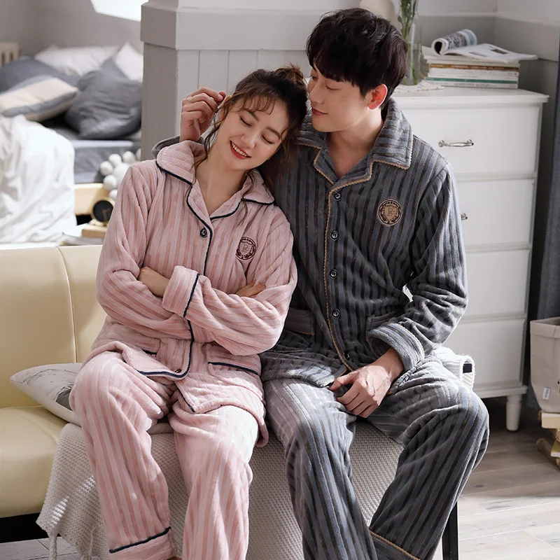 Couple Pajamas Autumn and Winter Female Coral Fleece Flannel Long-sleeved Men's Suit Thickened Warmth Plus Size Home Service New