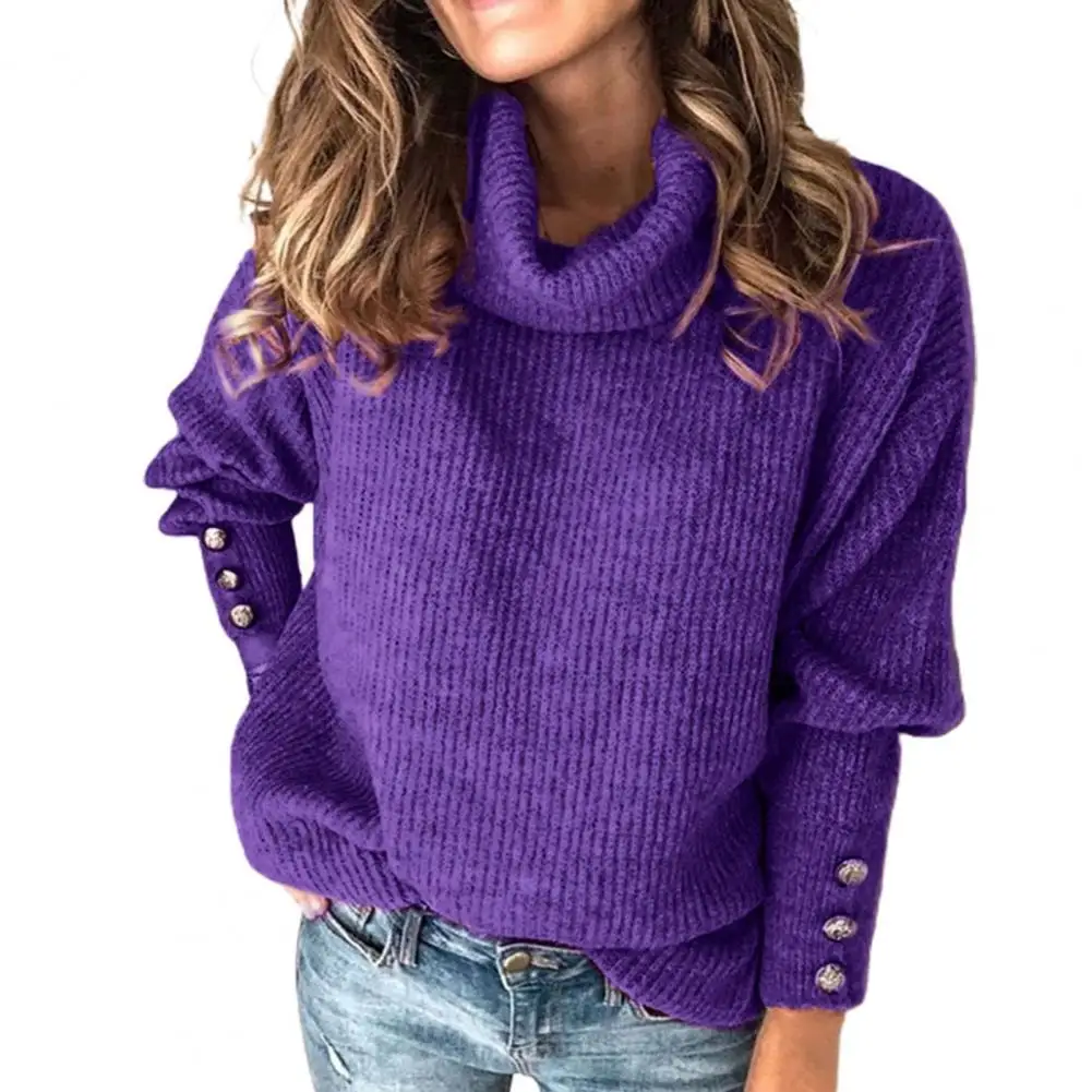 

2021 Women Solid Color Knitted Sweater Autumn Winter Long Sleeve Turtleneck Buttons Cuff Women Pullover Sweater Ladies Clothing