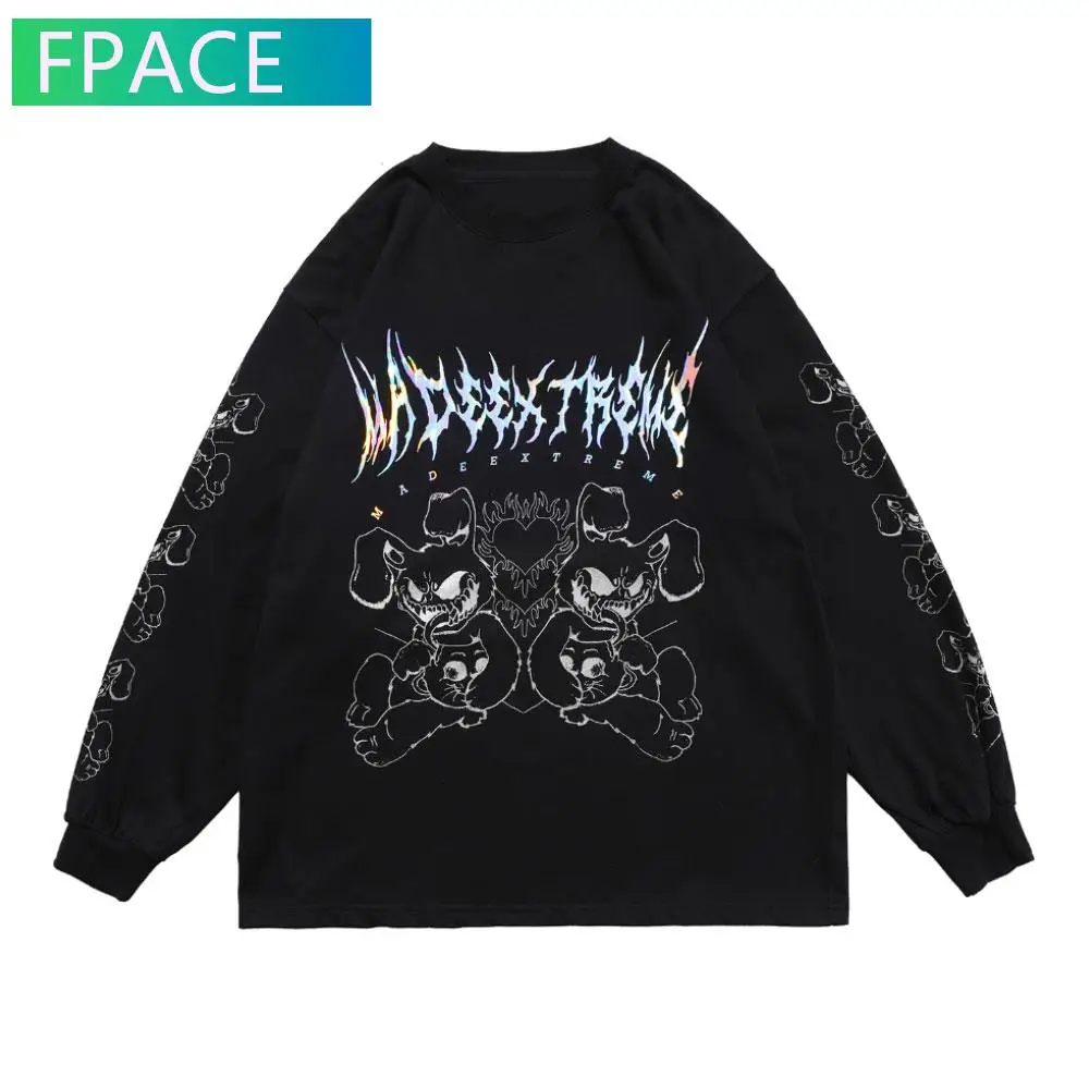 

FPACE Tshirts Harajuku Streetwear Punk Rock Gothic Devil Rabbit Print Long Sleeve T-Shirts Casual Hip Hop Oversize Tees Tops