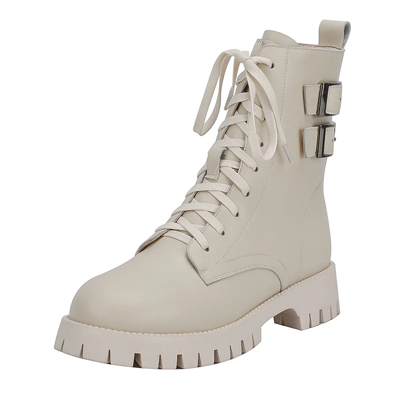 

2021 Winter Chunky Motorcycle Boots For Women Double-breasted Tied Genuine Leather Shoes Woman Female Party Basic Ankle Boots 40