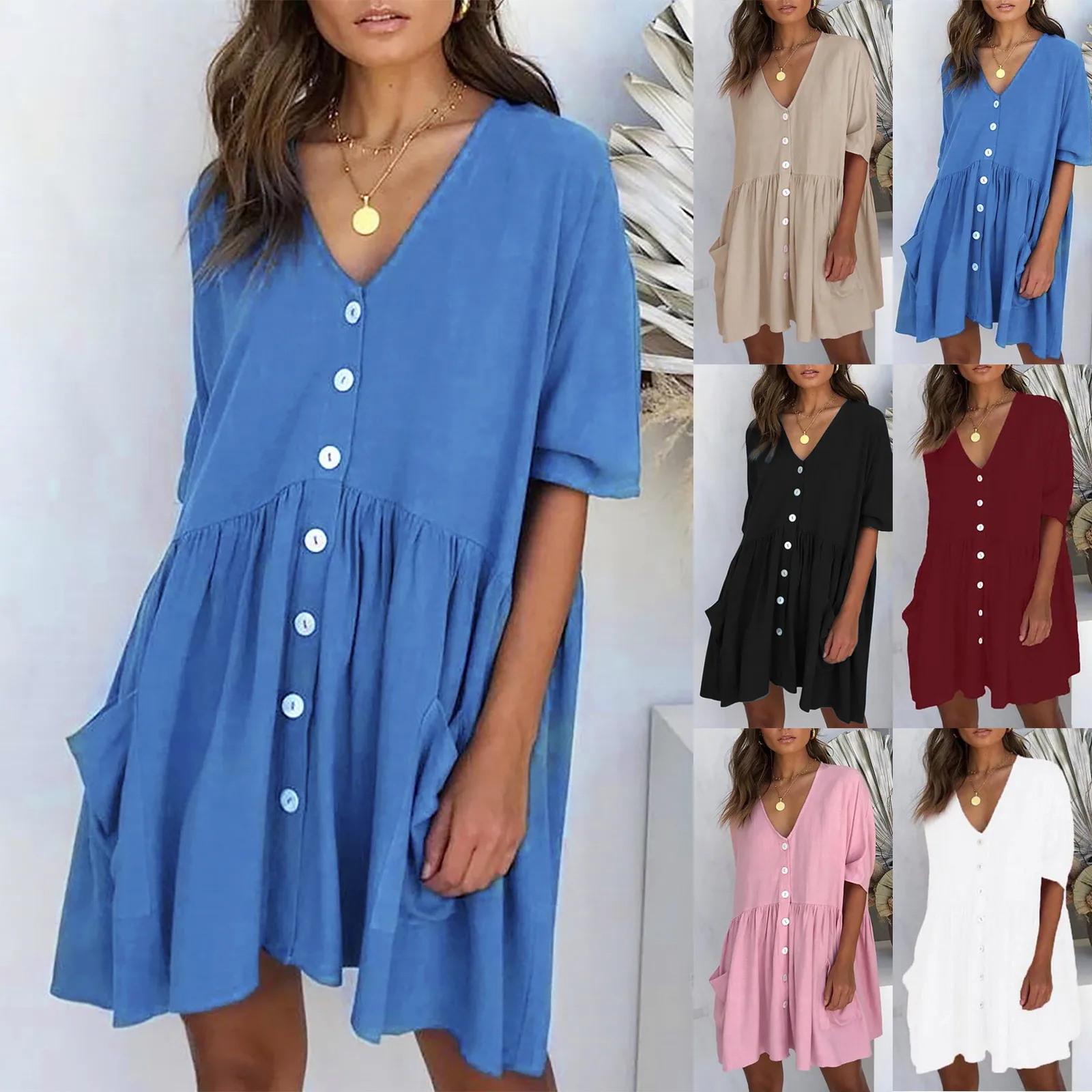 

Women's Fashion Casual V-Neck Solid Short Sleeve Button Pocket Short Dress vestido de mujer summer dress платья для женщин