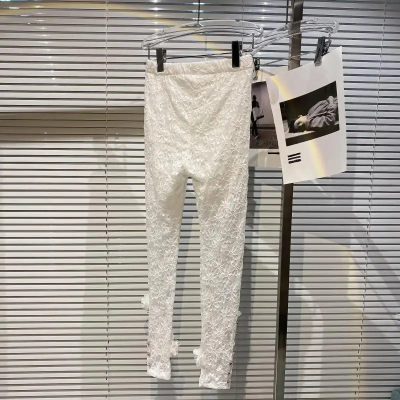 

2021 Summer New Thin Bottom Pants Rhinestone Petal Lace Crocheted Sexy Anti-Emptied Women Underpants Leggings Long Trousers