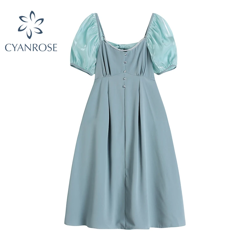 

Women's Square Collar Back Bow Short Sleeve Dress French Retro Style Female Summer 2021 Close Waist Temperament Long Dresses