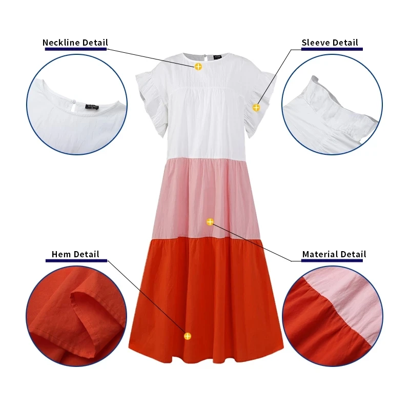

2021 New Summer Solid Color Women Dress Short Sleeve Loose Chic Pleated Dress Vintage Patchwork Long Dress Fashion Lady Vestidos
