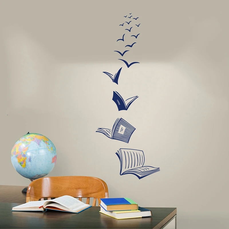 Открытая книга Летающие птицы Наклейка на стену для библиотеки классная книга для чтения для учебы Настенная Наклейка с животными Виниловая наклейка для дома в школьную спальню