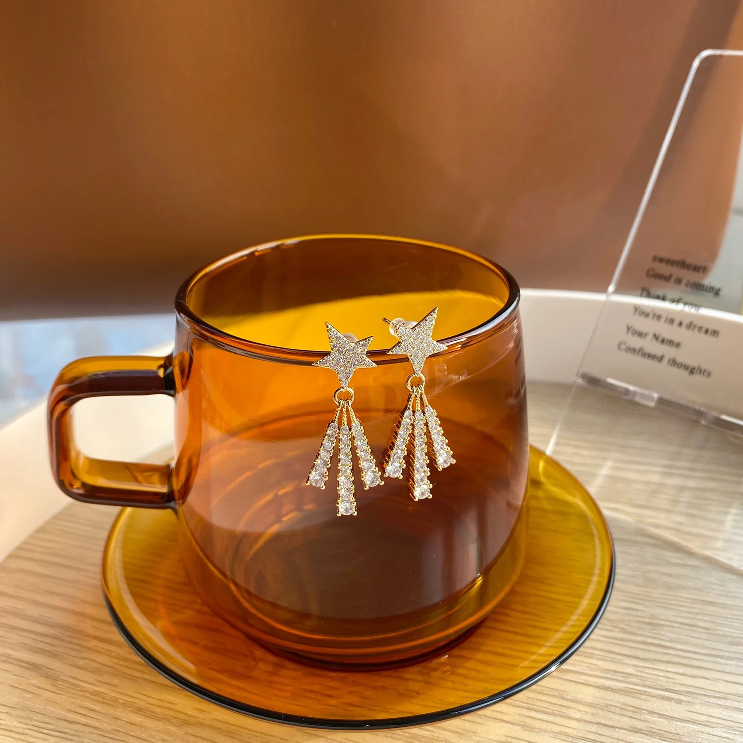 

14K Gold Plated Cute Star Stud Earrings with Bling Zircon Stone Tassel Fashion Jewelry Korean Earrings 2021