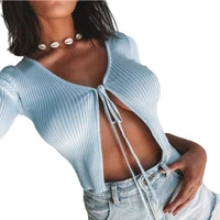 women top cropped wrap open cardigan blouse shirts front tie up new ladies bow casual solid v neck drawstring long sleeve tops