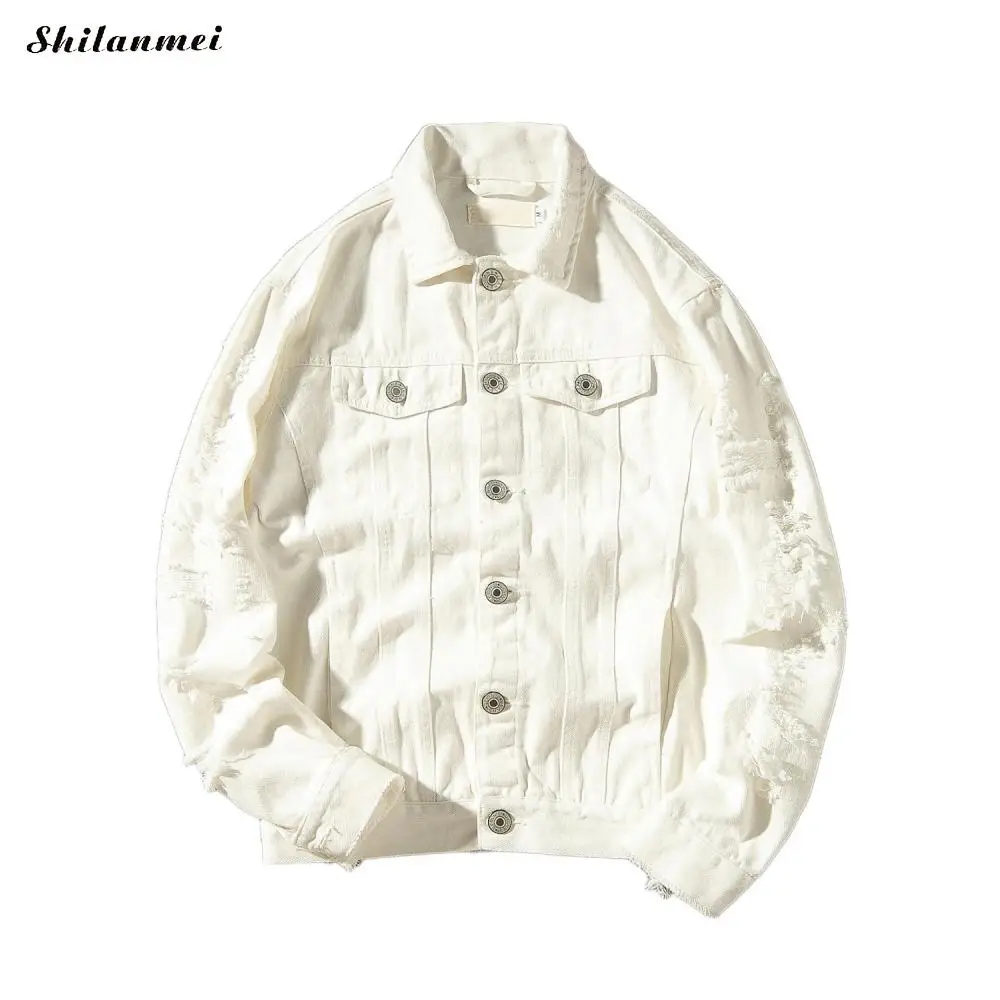 Куртка мужская джинсовая с рваными дырками модная уличная одежда из денима на