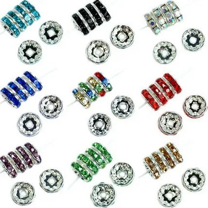 

jvb43 10mm!Free Shipping 9 Color Each 100 Piece 900 Pcs/lot Rhinestone Rondelle Spacer, Silver Plated DIY Loose Beads