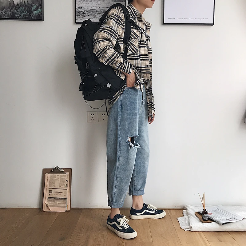 

2020 Spring And Summer New Youth Popular Solid Color Hole Nine Points Jeans Fashion Casual Straight Pants Sky Blue M-2XL