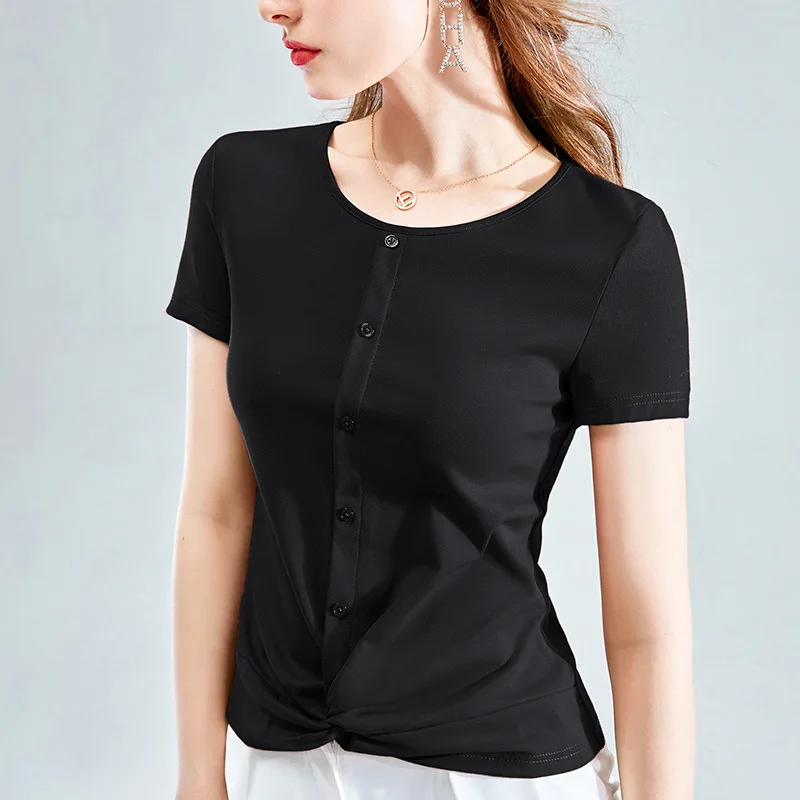 

Chelizi red short sleeve T-shirt women's summer new solid half sleeve T-shirt knot design top