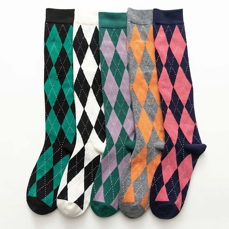 

Женские осенние Хлопковые гольфы в японском стиле преппи, винтажные контрастные цветные с ромбовидным узором в клетку, студенческие носки