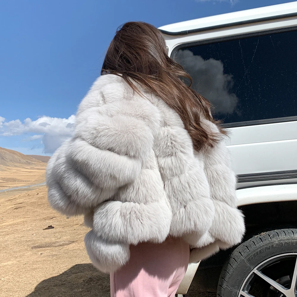 High Quality Women Real Fox Fur Coat Round Collar Winter Fashion Whole Skin Genuine Fox Fur Jacket Woman Natural Fur Overcoats