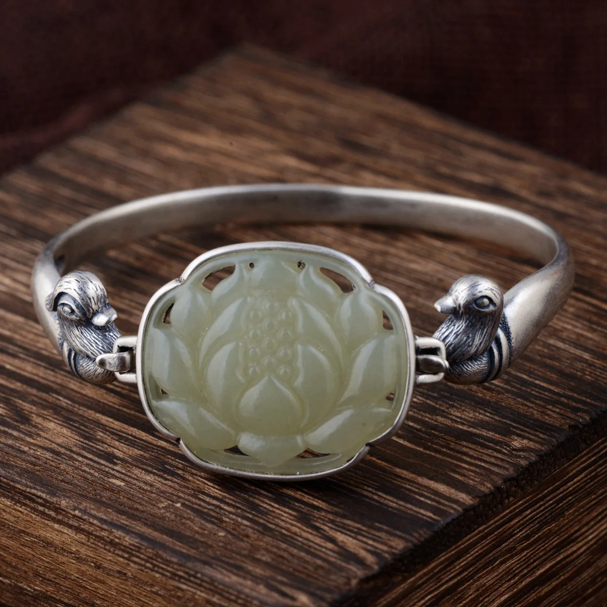

925 Sterling Silver Hetian Jade Bracelets For Women Engraved Lotus Flower Bracelets & Bangles Thai Silver Natural Gemstone
