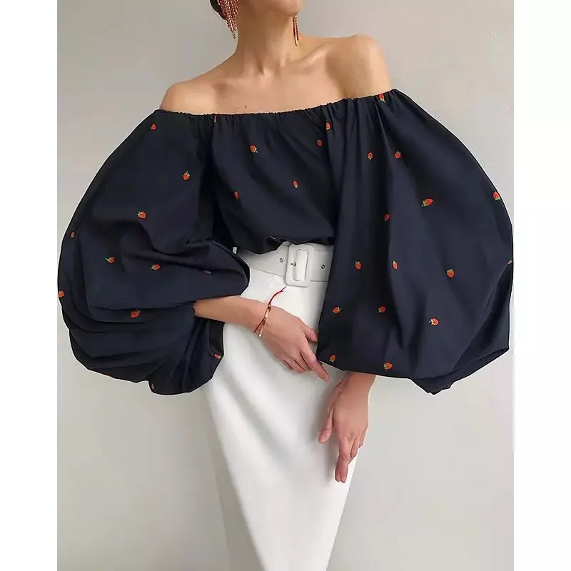 

HOUZHOU Shirts Women Off Shoulder Lantern Sleeve Elegant Beautiful Office Blouses Vintage Harajuku Korean Fashion Crop Top 2021