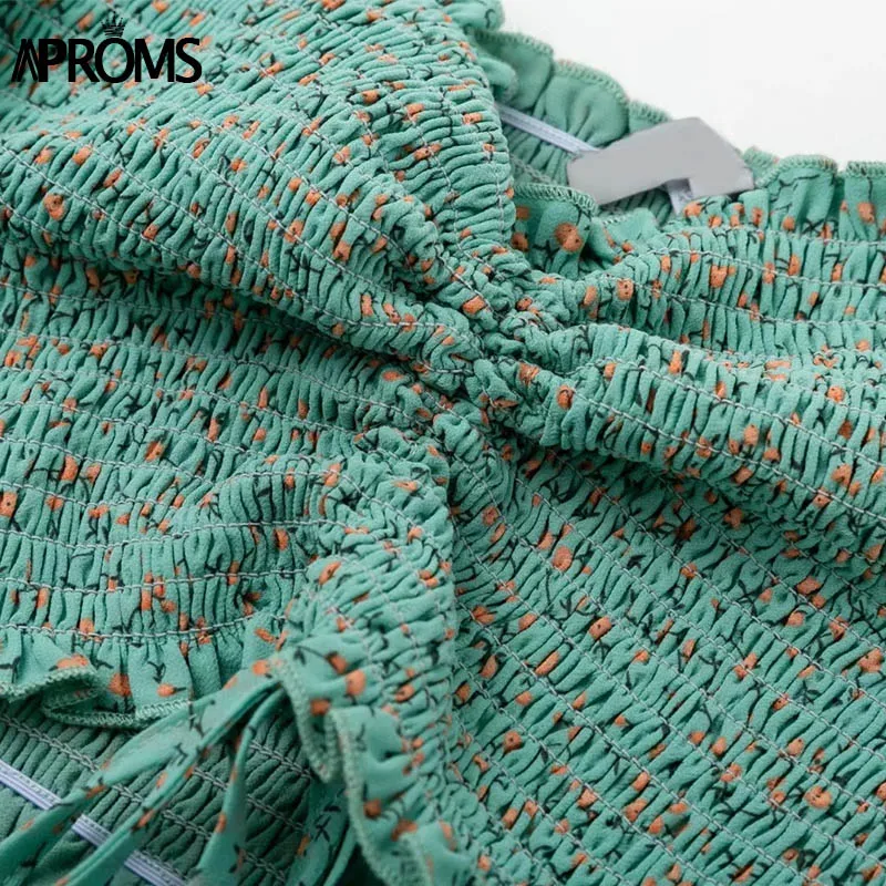 Aproms, сексуальная шифоновая блузка с квадратным вырезом и цветочным принтом, рубашка для женщин, длинный рукав, короткий топ с рюшами, Женская Праздничная уличная блузка