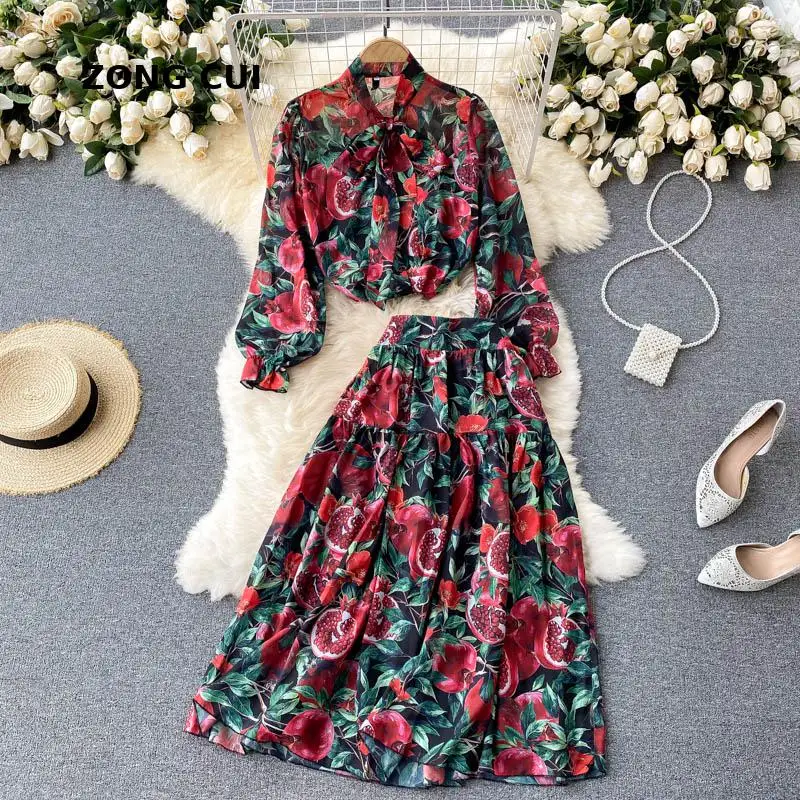 

Женский шифоновый костюм с юбкой, элегантный костюм из двух предметов с цветочным принтом, Топ с длинным рукавом и бантом на шее и юбка-трапе...