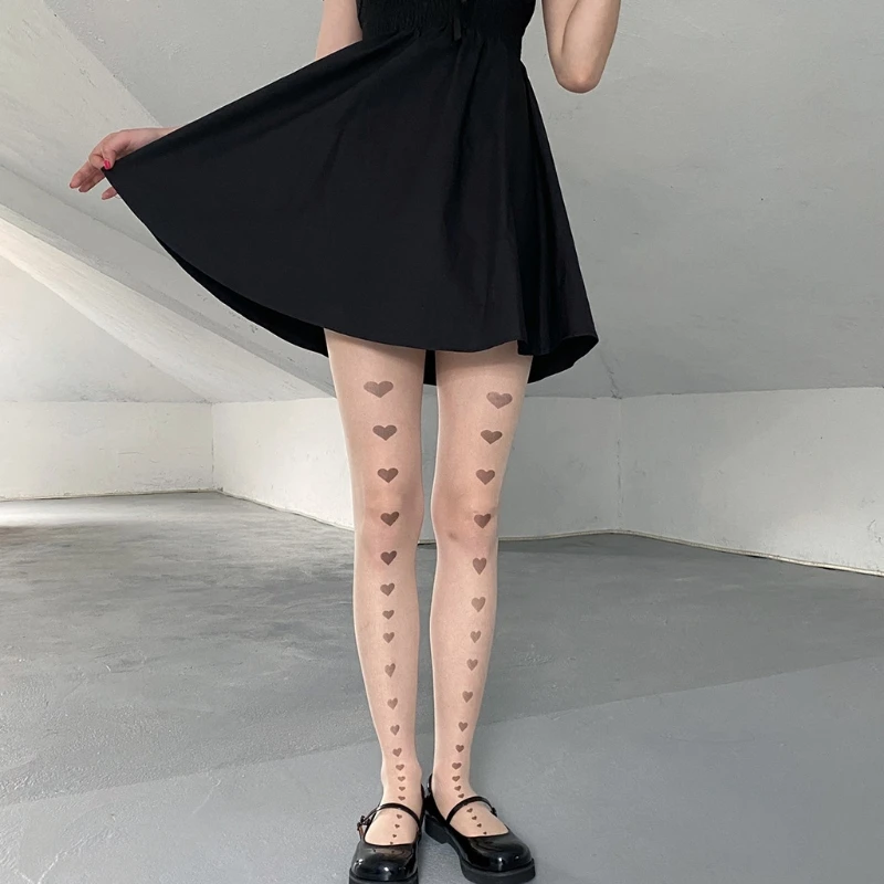 

Women Gothic Transparent Silky Pantyhose Japanese Lolita Kawaii Heart Bow Print Jacquard Tights See-Through Stockings