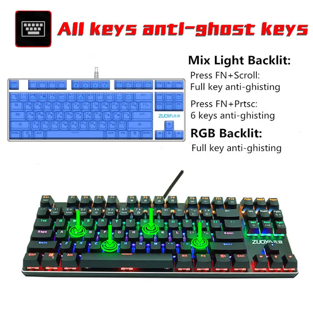 Механическая игровая клавиатура RU/US синий красный переключатель 87key проводная Anti