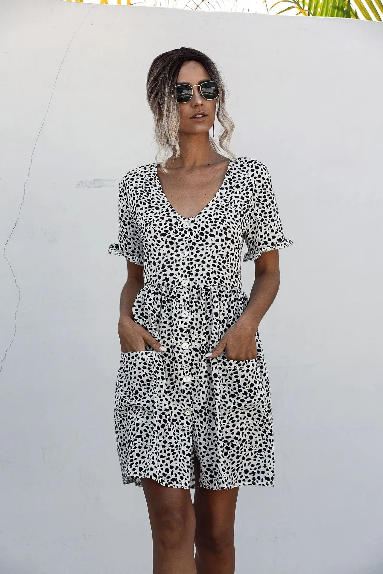 Женское праздничное платье с V-образным вырезом женское летнее пляжное в горошек