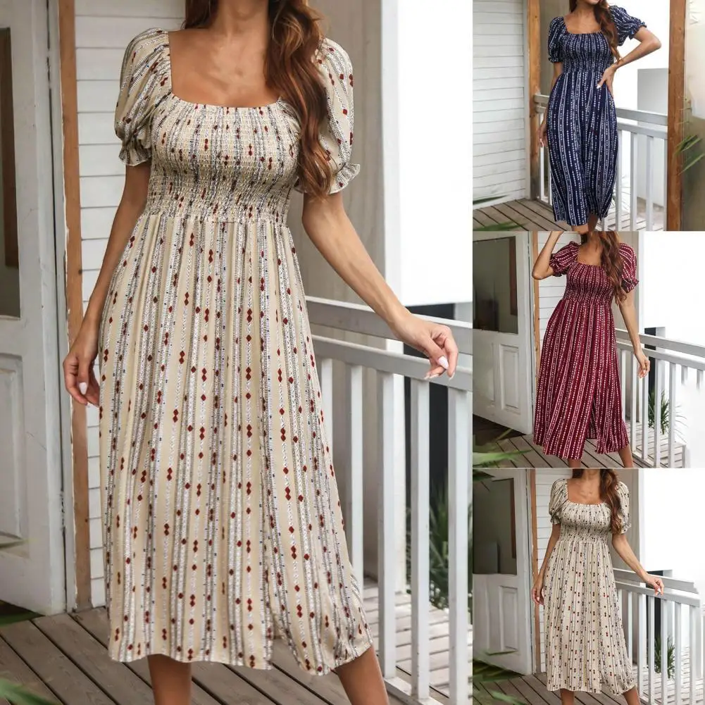 

80% Hot Sales!! Summer Dress Printed Puff Sleeve Women Square Neck Midi Length Dress for Dating