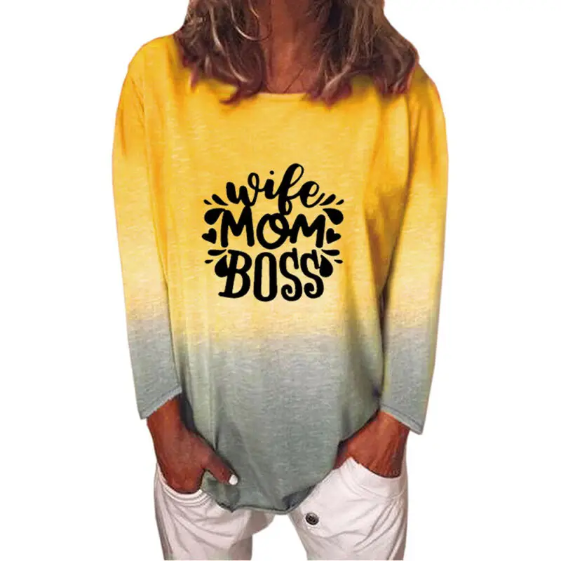 

Womens Rainbow Gradient Letter Print Long Sleeve T Shirt Casual Loose Tunic Tops