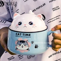 multifunction cartoon cat ceramic instant noodle bowl 450ml 1020ml with lid handle bowl mug fruit bowl home dormitory office