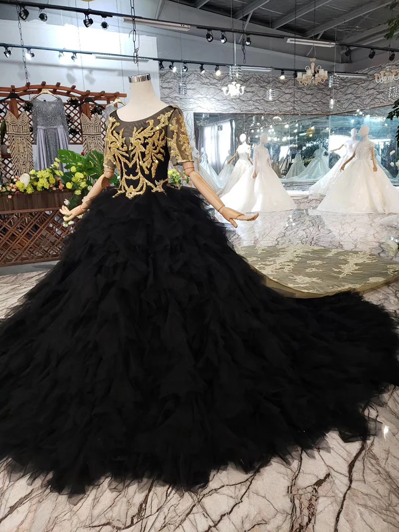 BGW 3222ht Black Evening Dress Long For Women O-neck V-back Golden Lace Cake Style Formal With Detachable Train 2020 | Свадьбы и