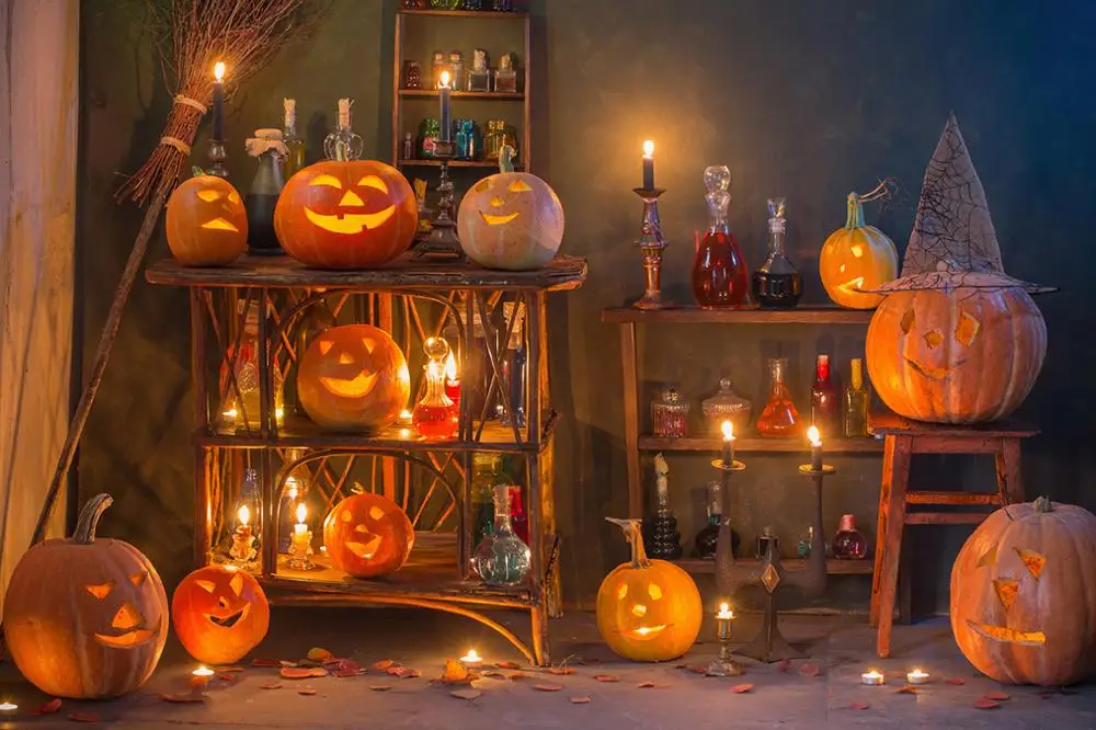 

Happy Halloween Backdrop Warehouse Pumpkin Light Candle Photography Backdrops Halloween Party Photo Background