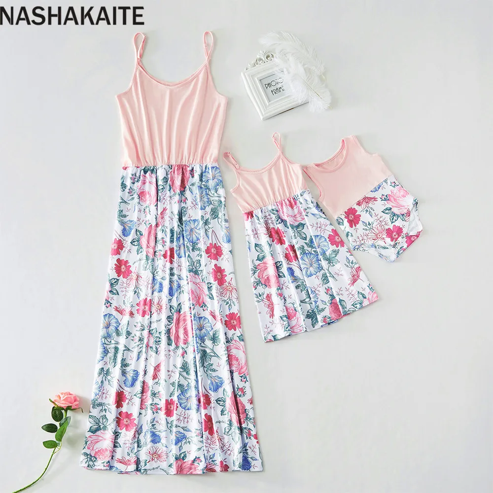 Light Pink Семейные комплекты; Детский комбинезон с цветочным принтом; длинное платье; платья для мамы и дочки; одежда для маленьких девочек; платье «Мама и я» - Цвет: Light Pink