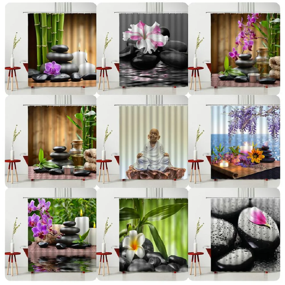 

Wood Grain Zen Stone Shower Curtain 3D Flowers Printing With Hooks Hanging Curtains Waterproof Bathroom Decor Multiple Size