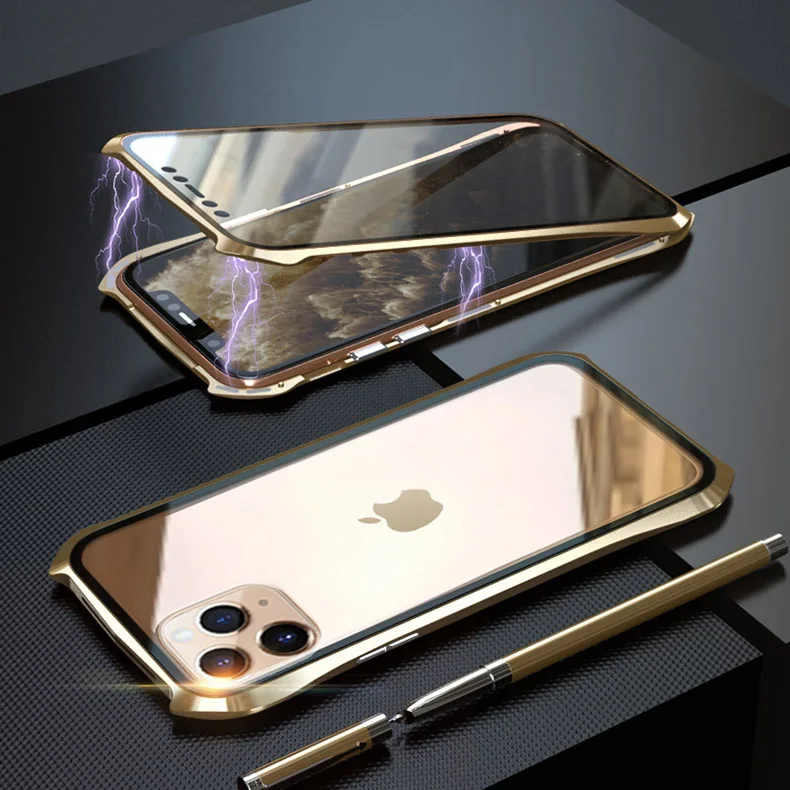 Gold Двухсторонний задний+ передний стеклянный Магнитный чехол для Apple iPhone 11 Pro Max Роскошный Алюминиевый металлический бампер 360 Защитный чехол с петлей - Цвет: Gold