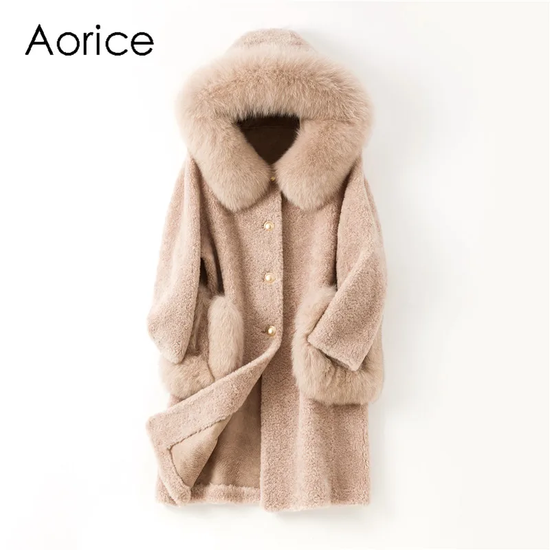 

Aorice Women Long Real Sheep Fur Jacket Coat Female Fox Fur Collar Wool Fur Trench Plus Size Parkas Coats Jackets H99178-A