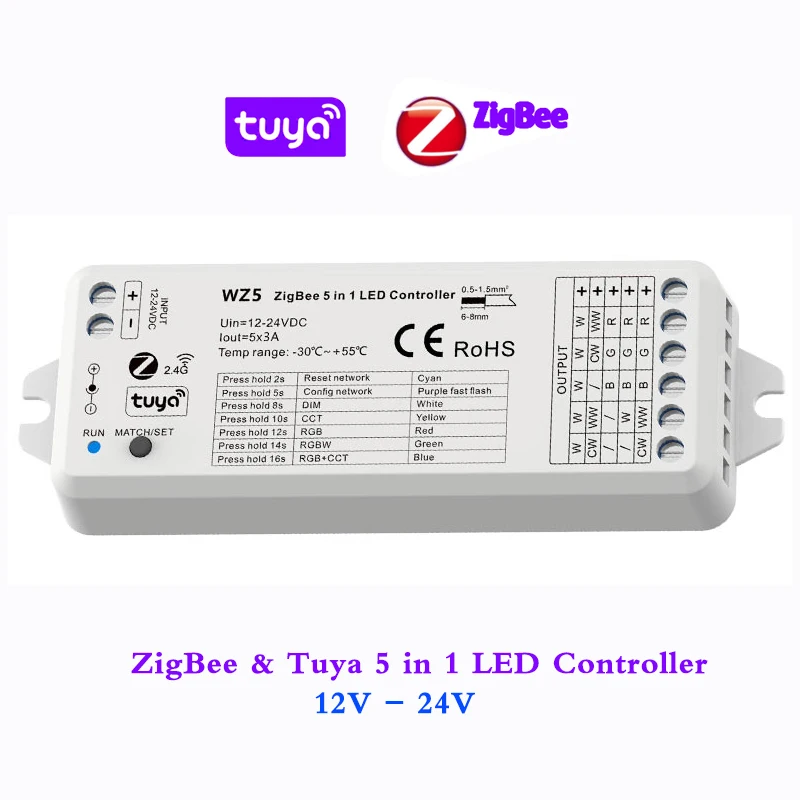 

Tuya 5 в 1, светодиодный контроллер ZigBee -RF, конвертер, умное Голосовое управление через приложение, облачное управление, 12 В, 24 В, Одноцветный, светодиодный светильник RGBWW, RGBW, RGB + CCT