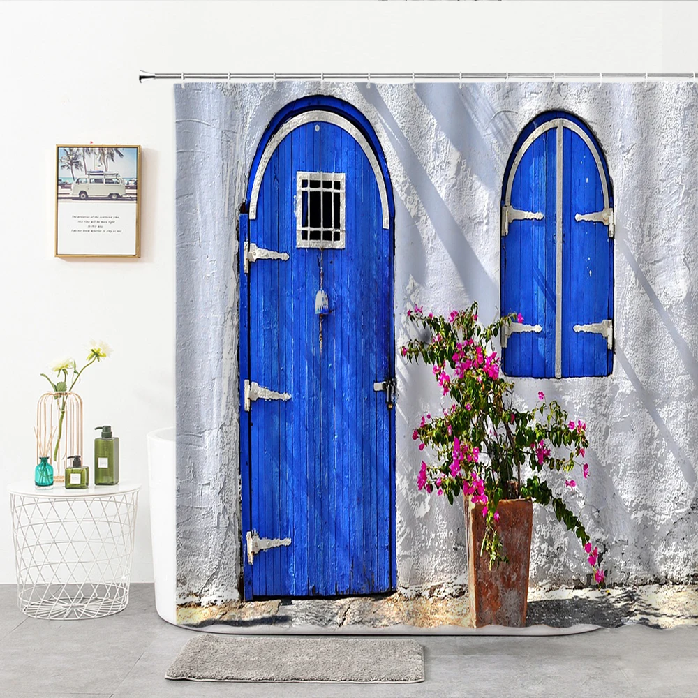 

Shower Curtain 3D Print European Style Blue Old Wooden Door Baths Curtains Polyester Bathtub Screens Home Decoration With Hook