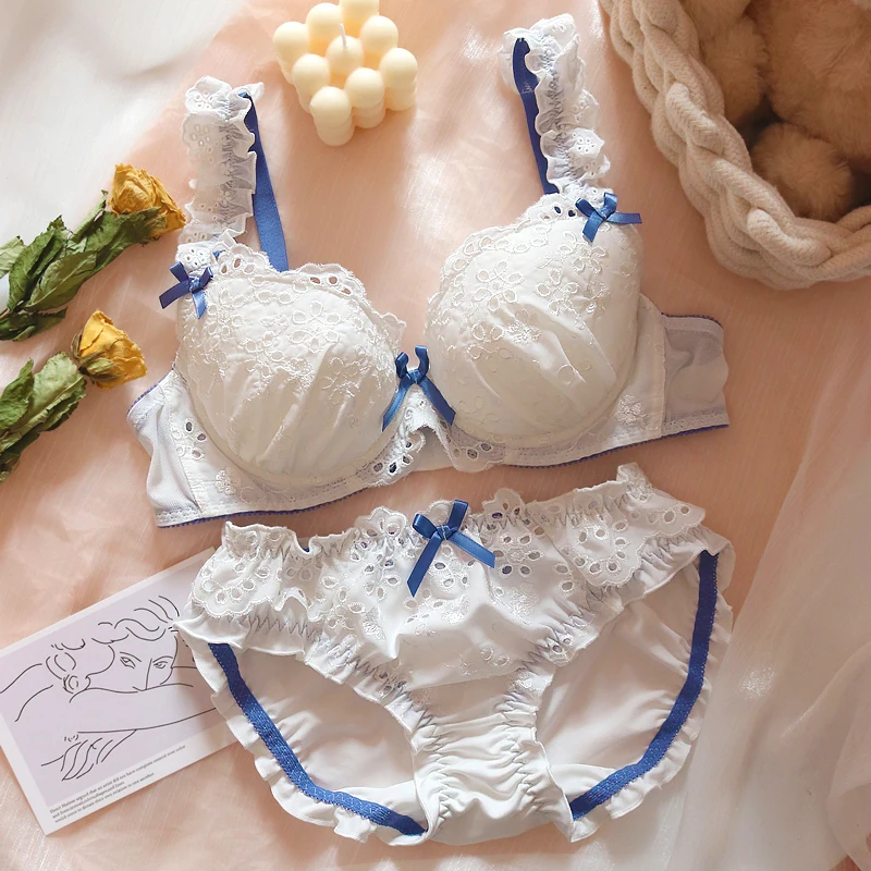 Soft Sister Fresh Lolita Hollow Petals Lace Embroidery Underwear Set Cute Sweet Ruffle Women's White Underwire Bra & Brief Set