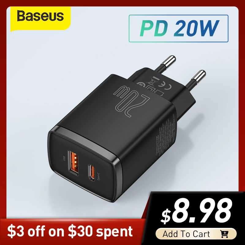 Зарядное устройство Baseus, 20 Вт, USB Type C, быстрая зарядка PD, два порта USB, портативное зарядное устройство для iPhone 12 Pro Max 11 Mini 8 Plus