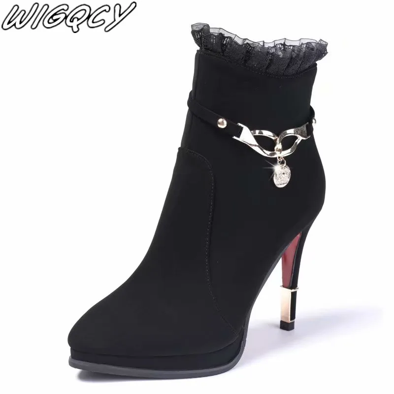 Женские теплые ботинки на очень высоком каблуке в западном стиле молнии с