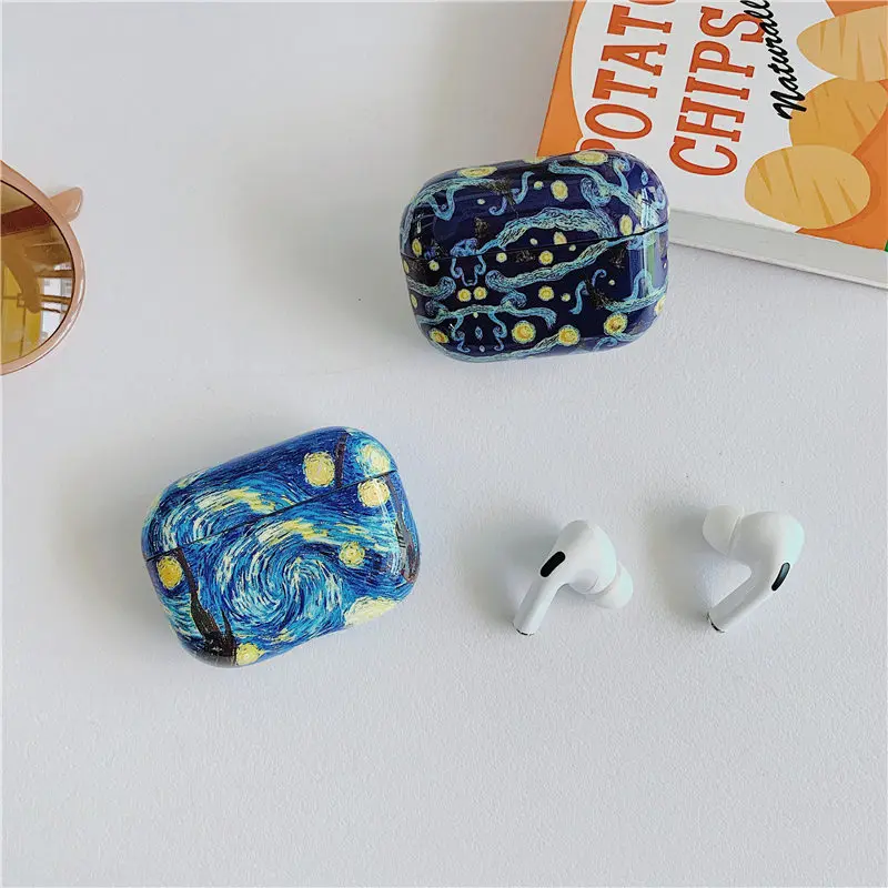 Жесткий чехол с рисунком Ван Гога для Airpods 1 2 противоударный зарядным устройством