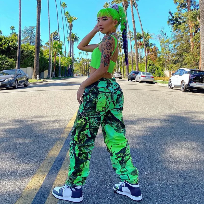 

2021 High Waist Y2K Print Pockets Zip Up Botton Ruched Cargo Pants Spring Summer Women Fashion 90s Streetwear Lounge Wear green
