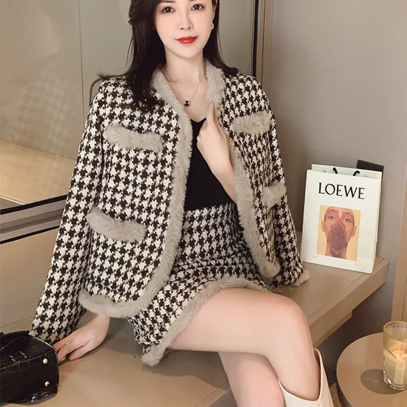 

French Vintage Small Fragrant Tweed 2 Piece Set Women Woolen Jacket Coat + Skirts Sets High Quality Houndstooth Two Piece Suits