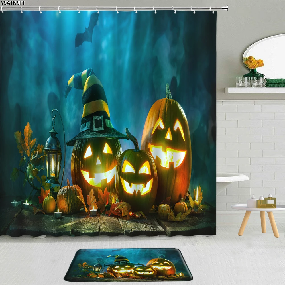 

2Pcs Halloween Cartoon Animal Shower Curtain Pumpkin Elf Horror Forest Bathroom Non-Slip Bath Mat Cloth Curtains Set Decoration