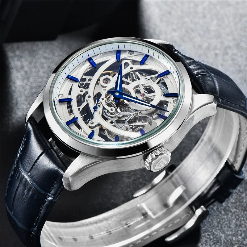 

2020 PAGANI DESIGN Brand Fashion Leather Blue Watch Men Automatic Mechanical Skeleton Waterproof Watches Relogio Masculino Box