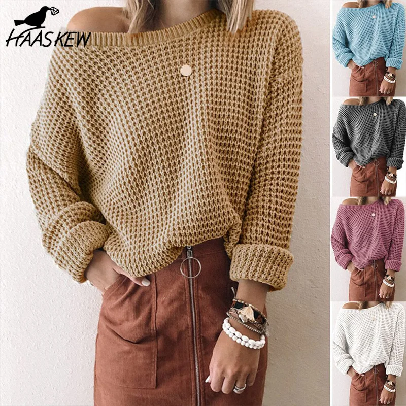 

HAASKEWElegant Autumn and Winter Knit One-shoulder Sweater Solid Color Women's Long-sleeved Sweater Loose Casual All-match